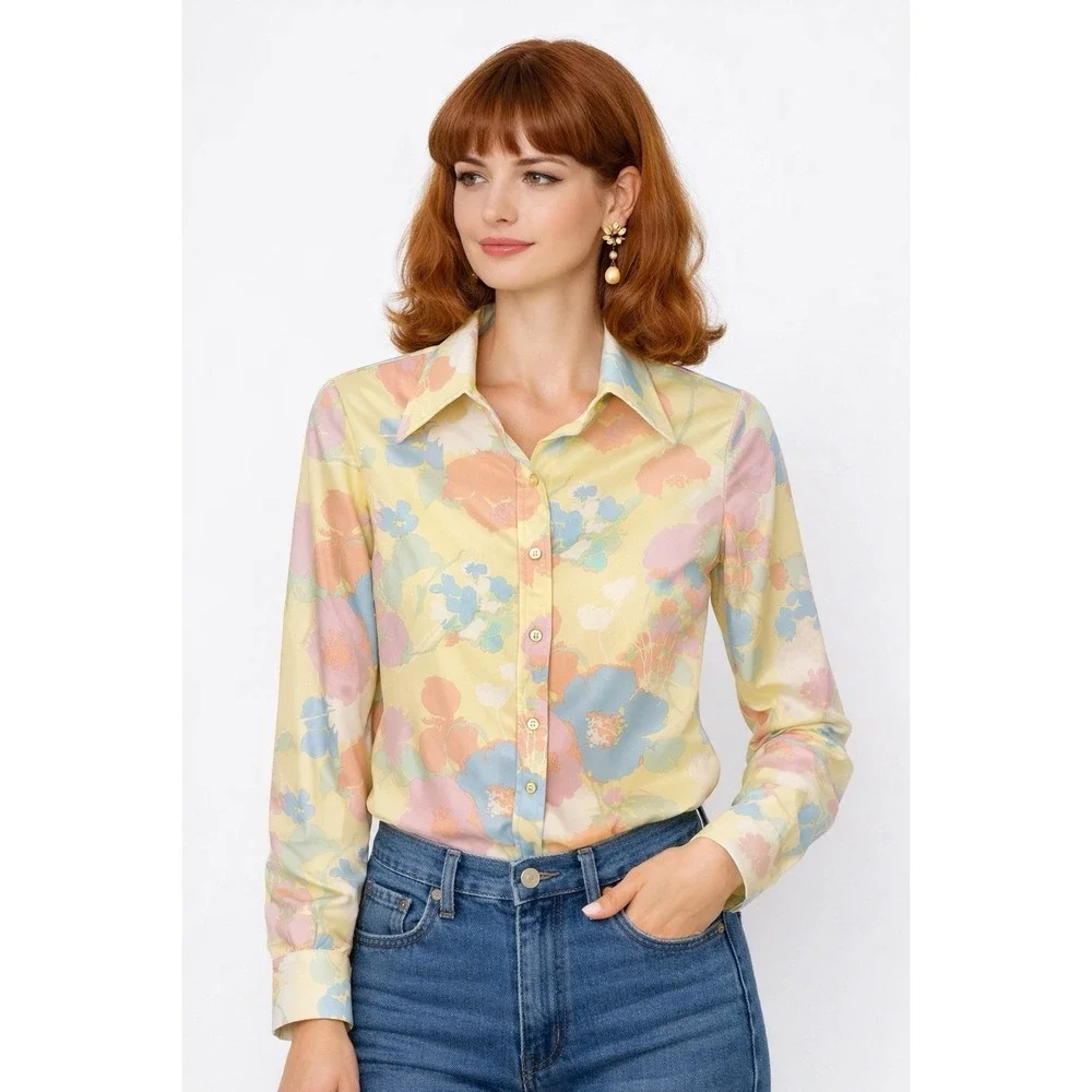 Vintage Jack Winter 70s Floral Pastel Blouse Small Long Sleeve - Picture 8 of 8